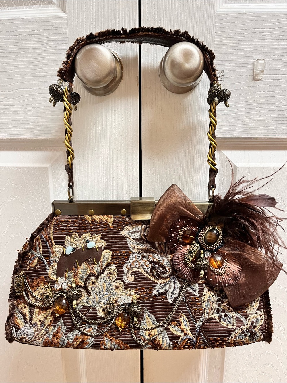 Mary Frances Brown Floral tapestry Beaded Bag Feather chain Charm Kiss Lock tags
